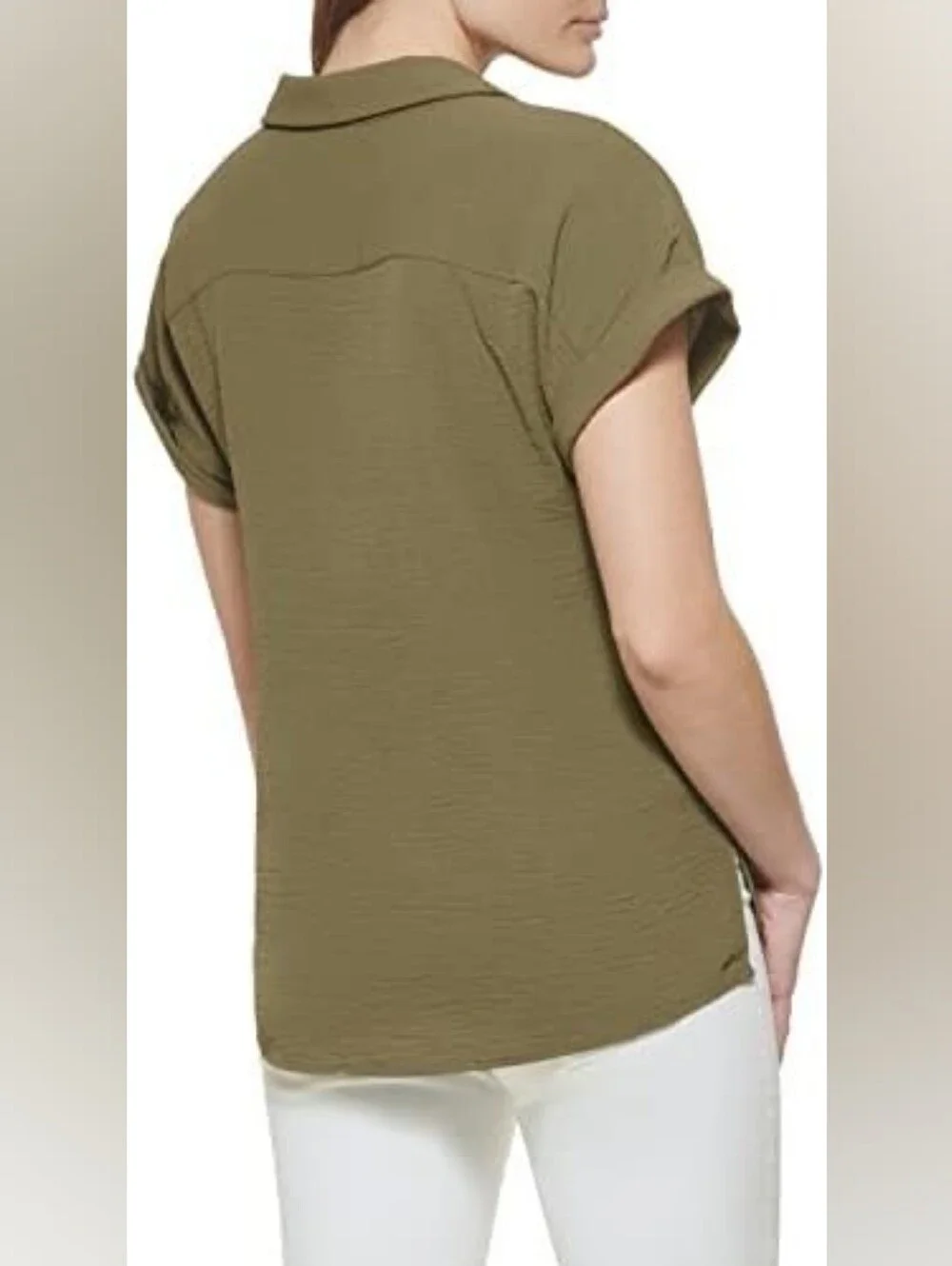 Calvin Klein Women's Olive Cuffed Short Sleeve Button-Down Camp Shirt - Size M